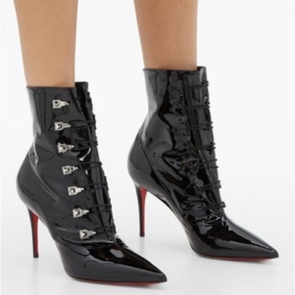 New Christian Louboutin Frenchissima Black Lace Up Point Toe Boots Booties 85mm